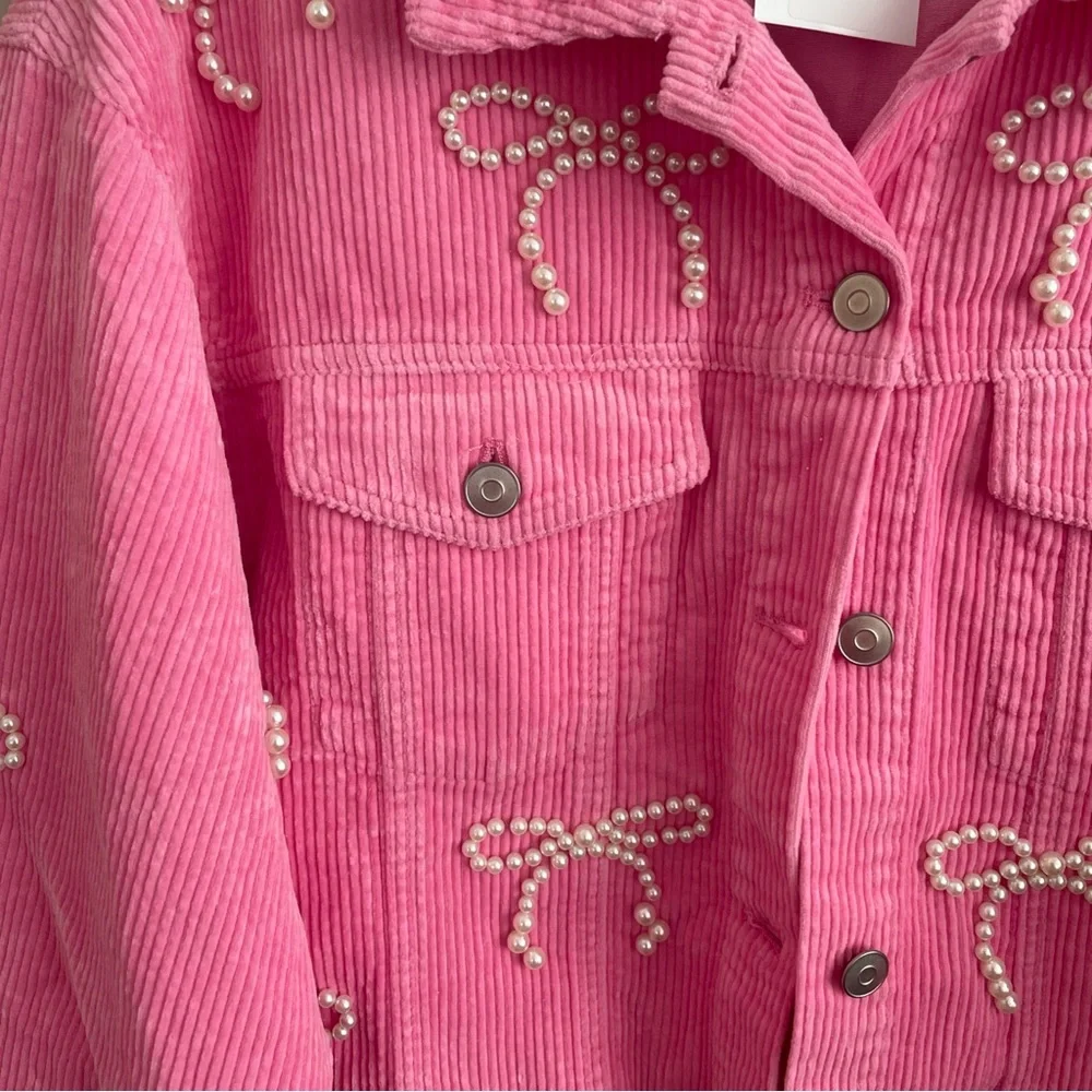 Peach Love California Pink Corduroy Bomber Jacket with Pearl Embellishments - Picture 2 of 8